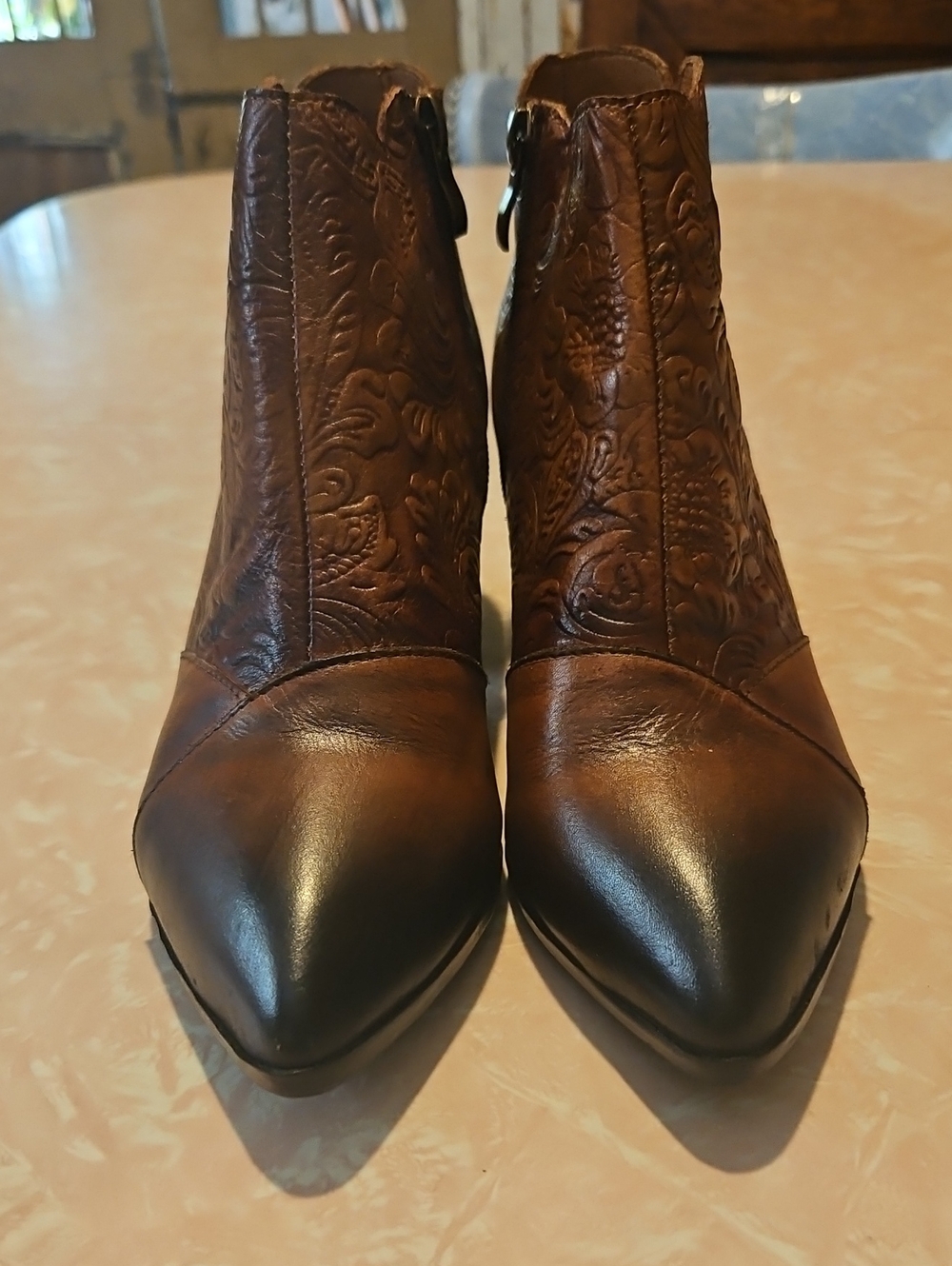 Spring Step Brown Embossed Leather Pointed Ankle Booties